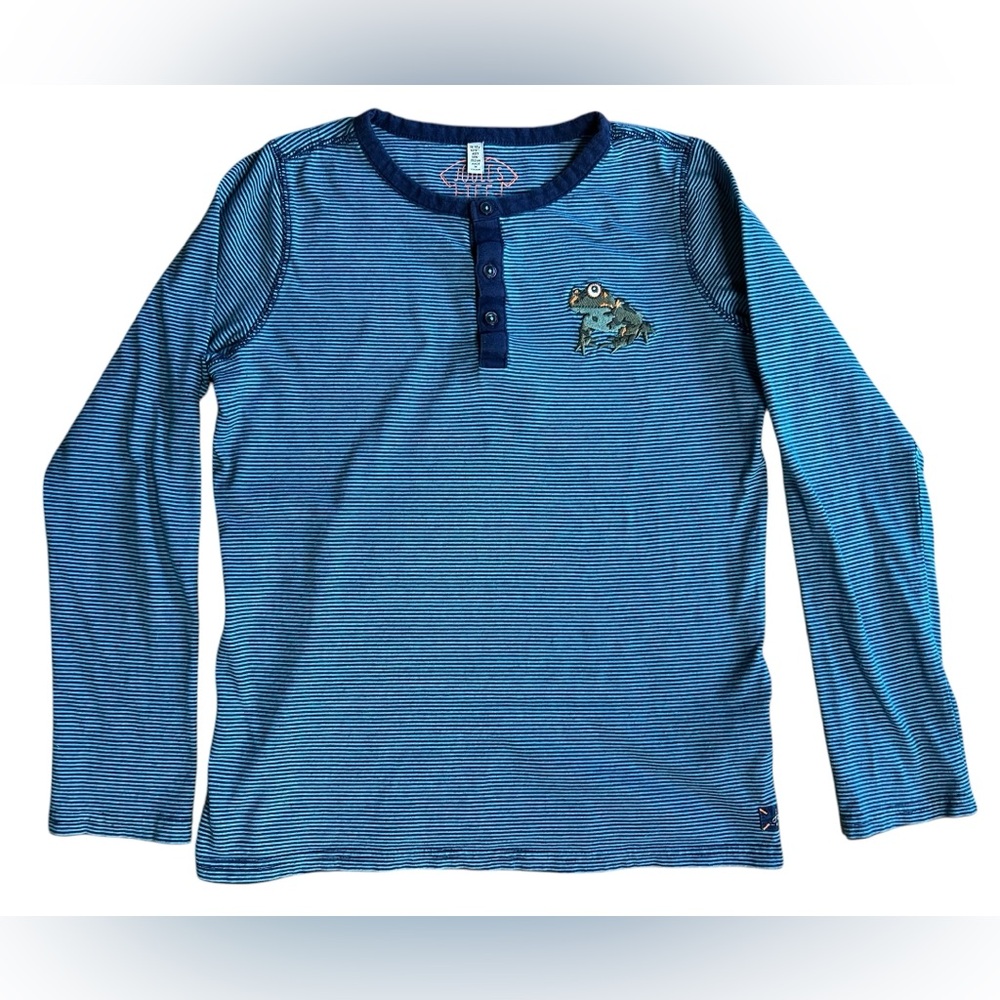 JOULES Boys‎ 11-12yr Long-Sleeved Navy Teal Striped Henley Tee Embroidered Frog